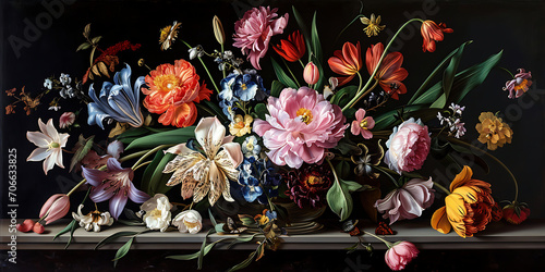 Uma pintura a óleo clássica retratando uma disposição de flores em um vaso, mostrando pinceladas detalhadas e uma paleta de cores rica.