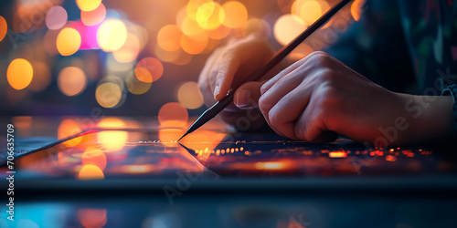 Uma imagem em close-up capturando um artista digital usando uma caneta stylus em uma mesa gráfica, dando vida a uma ilustração digital detalhada e vibrante.