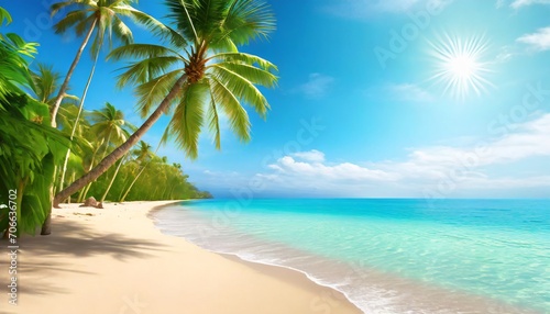 tropical island sea beach beautiful paradise nature panorama landscape coconut palm tree green leaves turquoise ocean water blue sky sun white cloud yellow sand summer holidays vacation travel