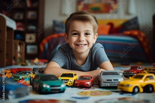 little boy playing with toy cars in his room
