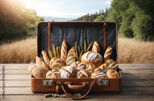 an open travel suitcase containing various types of bread