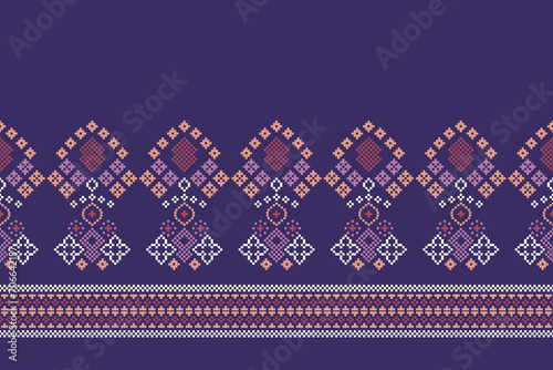 Ethnic geometric fabric pattern Cross Stitch.Ikat embroidery Ethnic oriental Pixel pattern violet purple background. Abstract,vector,illustration. Texture,clothing,decoration,motifs,silk wallpaper.
