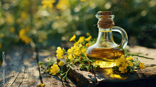 Rapeseed oil stands on a wooden surface on the water of a rapeseed field