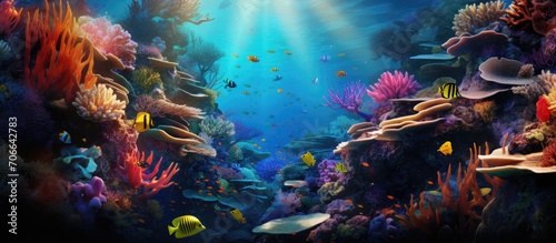 Colorful underwater world with coral, fish, and diving.