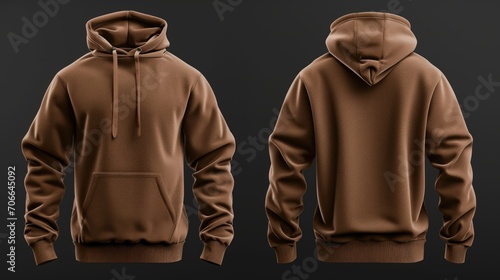 Brown hoodie, front and back view on black background