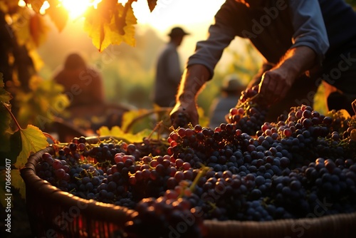 Ripe grape harvest in basket on sunset lights