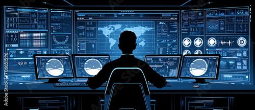 Uma cena de estúdio de arte digital apresentando um designer gráfico em um computador, cercado por várias telas exibindo ilustrações intricadas e elementos de design