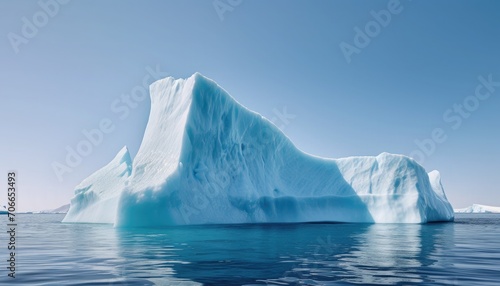 Giant white iceberg in the ocean against a blue sky.