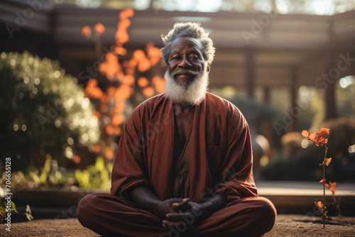 Meditating for inner peace zen balance, stable mental health wellness unity connection with yourself concept. Senior grey-haired old male man practicing breathing yoga pranayama in a mountain