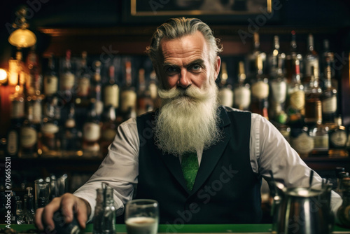 Bartender closeup with gray hair, beard and green tie behind the bar counter serving beers on St. Patrick's Day. Irish hospitality and celebration. Generative Ai