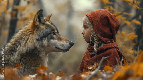little red riding hood little girl in a red cape with a wolf in the forest
