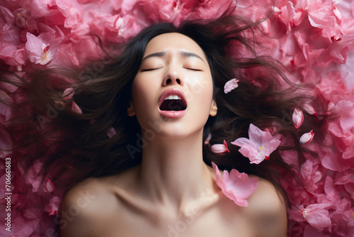 Young Asian woman having orgasm. Beautiful woman with open mouth and closed eyes enjoying sex lying among flower petals. Sexual experience, getting sexual pleasure, masturbation, cunnilingus
