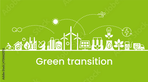 Alternative clean energy. Transition to environmentally friendly world concept. Ecology infographic. Green power production. Transition to renewable alternative energy.