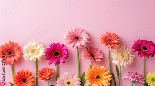 Colorful Gerbera Flowers Arranged in a Row on Pink Background