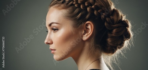  a close up of a woman with a braid in her hair, wearing a black dress and looking off to the side.