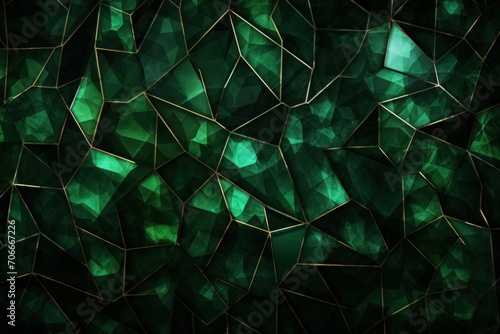 Decorative emerald stone pattern against green backdrop with gold lines pattern on smooth surface