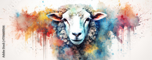 Watercolor sheep head animal photo on white background.