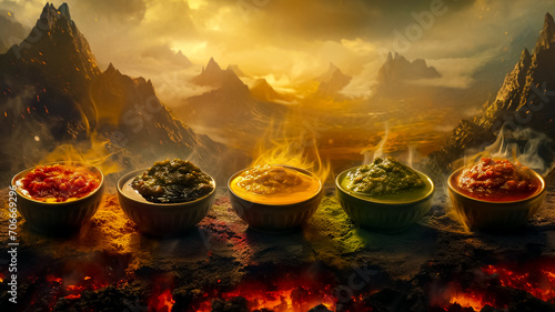 five hot sauces in a hellish environment, commercial advertising, generative AI