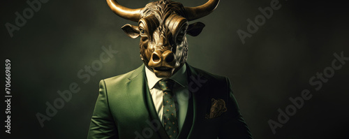 Bussiness man like Bull dressed in an elegant green suit. Market finance concept.