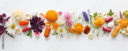 Pills with flowers on white table or isolated. health nature concept