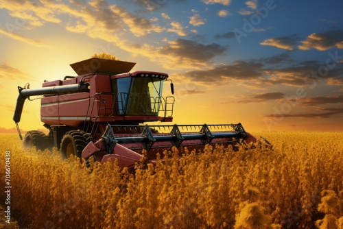 Combine harvester in a soybean field harvesting soybeans at sunset