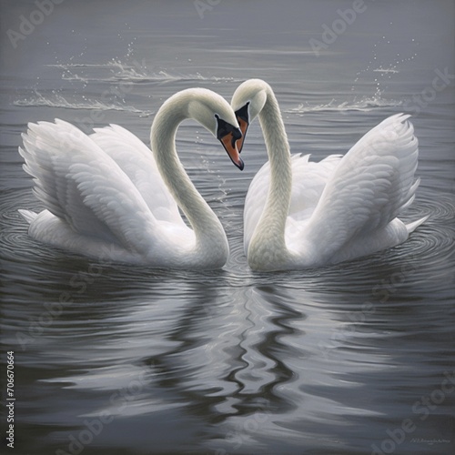 Beautiful two white mute swan birds true love heart shape picture