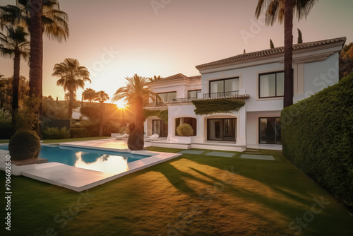 Villa with swimming pool. Spanish house Real Estate. Villa in Costa Blanca, Spain. Modern apartment buildings, House Facade exterior design. Luxury Villa exterior with green garden and palm trees.