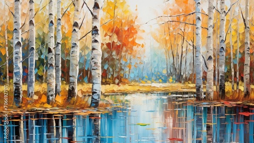 Colorful autumn forest trees lake abstract oil painting