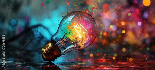 Abstract representation of a glowing light bulb with dynamic and vibrant splashes of color.