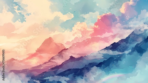 A watercolored painting with mountains and sky giving a majestic look that ignites the imagination and sparks curiosity