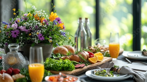 Contemporary Easter brunch setting emphasizing healthy eating, with organic vegetable dishes, freshly squeezed juices, whole grain breads, and a centerpiece of edible flowers and herbs