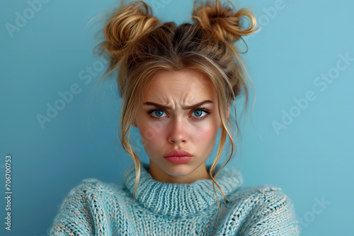 Photo of shocked impressed woman dressed sweater getting dislikes modern blue color background 