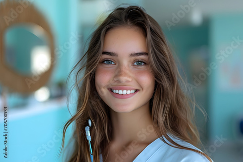 Young female dentist with toothbrush and tongue scraper on blue background