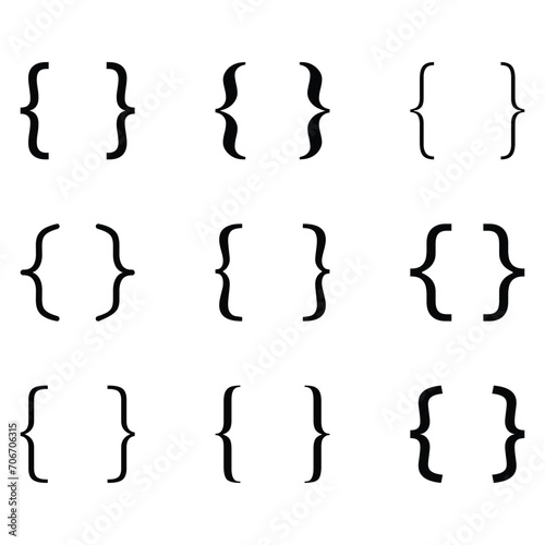 Black bracket set. Curly braces, double symmetric brackets. Vector kit Typography symbols pair, frames for punctuation, maths elements sign text quote