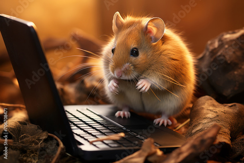 A perplexed hamster staring at a miniature laptop, capturing the funny side of rodents navigating the digital age. Concept of tiny tech troubles. Generative Ai.