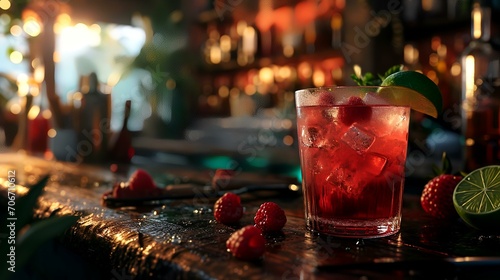 Alcoholic cocktail with raspberries and lime on bar counter