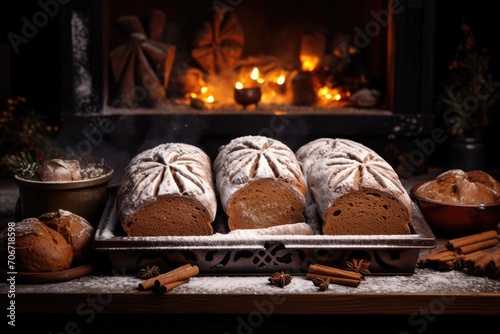Freshly baked bread dusted with white flour, by a warm, cozy fireplace during a festive season.