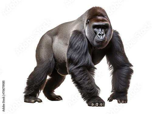 a gorilla walking on a white background