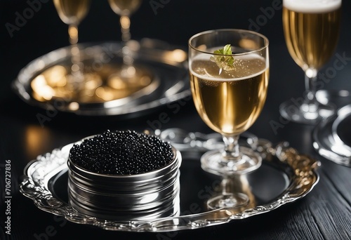 Black caviar in a can and champagne on silver tray on black wooden background close-up