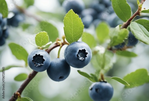 Ripe blueberries on twig with green leaves on a white background