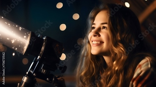 Close up photography of a young woman looking at the starry sky at night or evening through the optical telescope tripod astronomical instrument and smiling. Observing earth, stargazing, planets