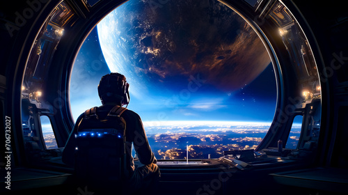 Man sitting in space station looking out at the earth from window.