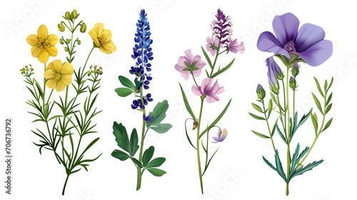 Wild flowers set isolated on a transparent background