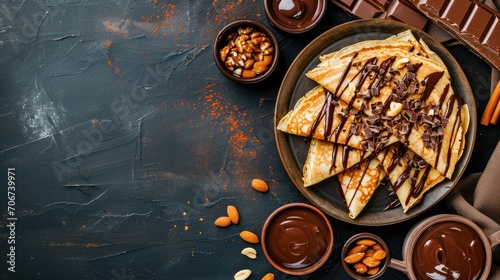 Banner of crepes, pancakes stacked, with chocolate topping generated with AI