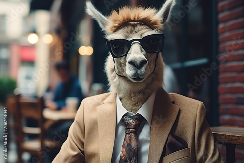 A llama in a business suit and sunglasses sits in a cafe. Generated by artificial intelligence