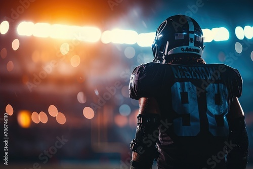 American football player in a moment of contemplation, the stadium lights creating an aura of focus, with copy space allowing for the story of determination and strategy to unfold.
