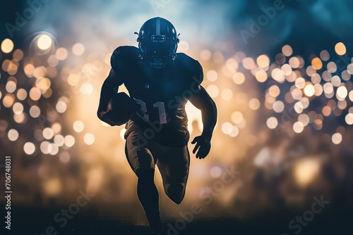 Intense American football player making a decisive run, his silhouette against the stadium lights, an image of sheer determination and the relentless pursuit of victory.