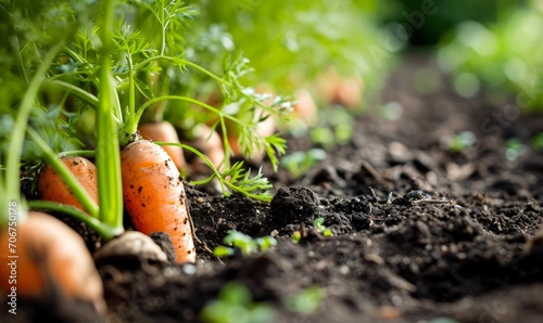 Fresh carrots with green leaves sprouting from the soil in a farm field.