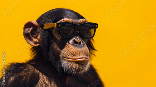 Portrait of a chimpanzee with sunglasses, yellow background
