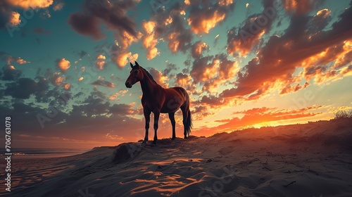 A brown horse standing on top of a sandy beach under a cloudy blue and orange sky with a sunset. Ai generative